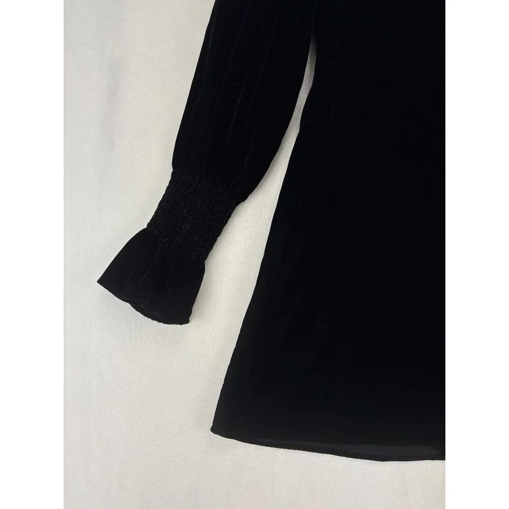 Zara Black Velvet High-Neck Smocked Cuff Long‎ Sleeve Dress XS